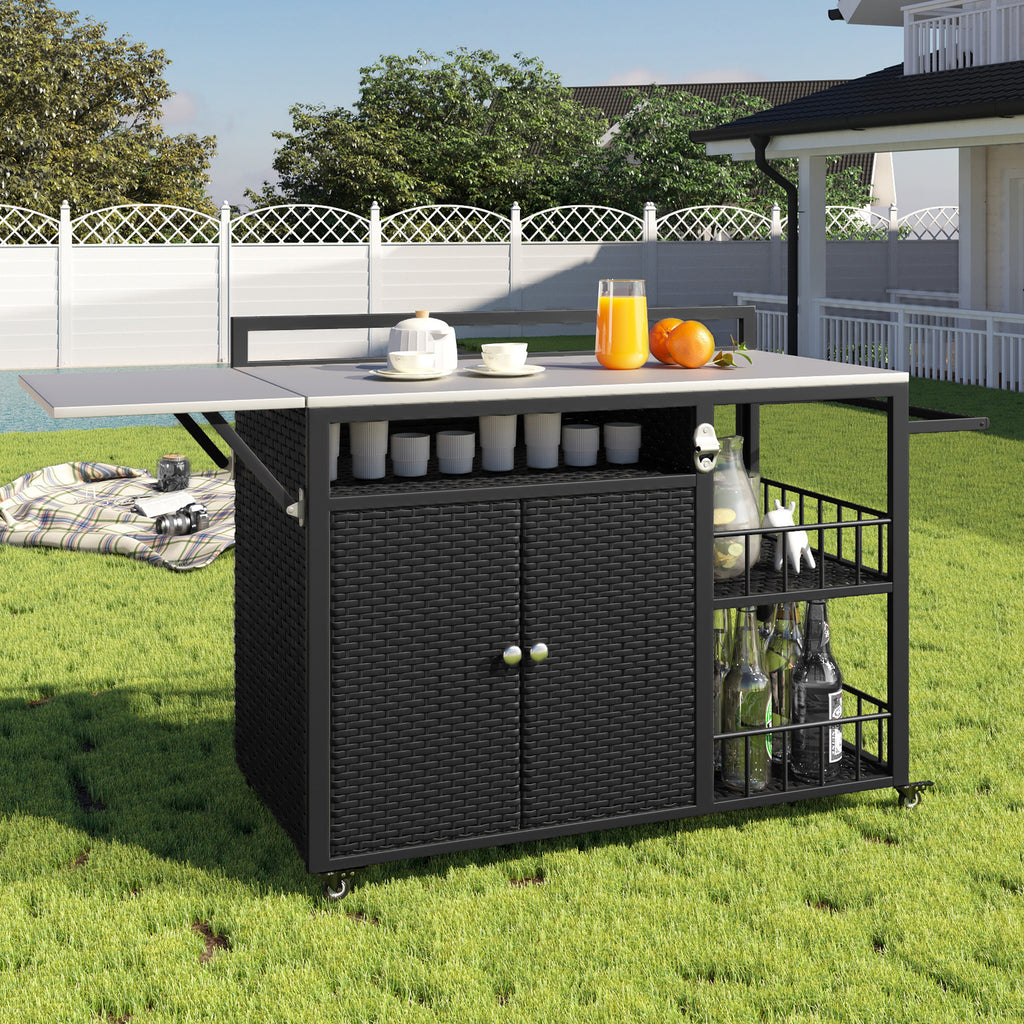 Outdoor kitchen island with storage and folding tabletop in dark brown PE rattan from Anthony & Home's premium collection.
