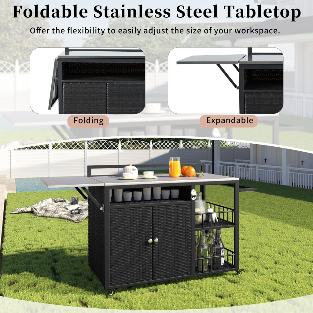 Anthony & Home outdoor kitchen island with storage and folding tabletop in dark brown PE rattan, premium collection.