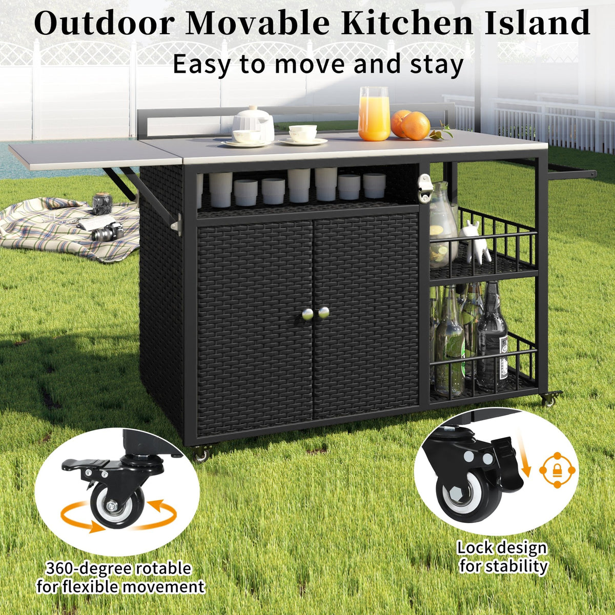 Outdoor kitchen island with storage and folding tabletop in dark brown PE rattan from Anthony & Home's Premium Collection.