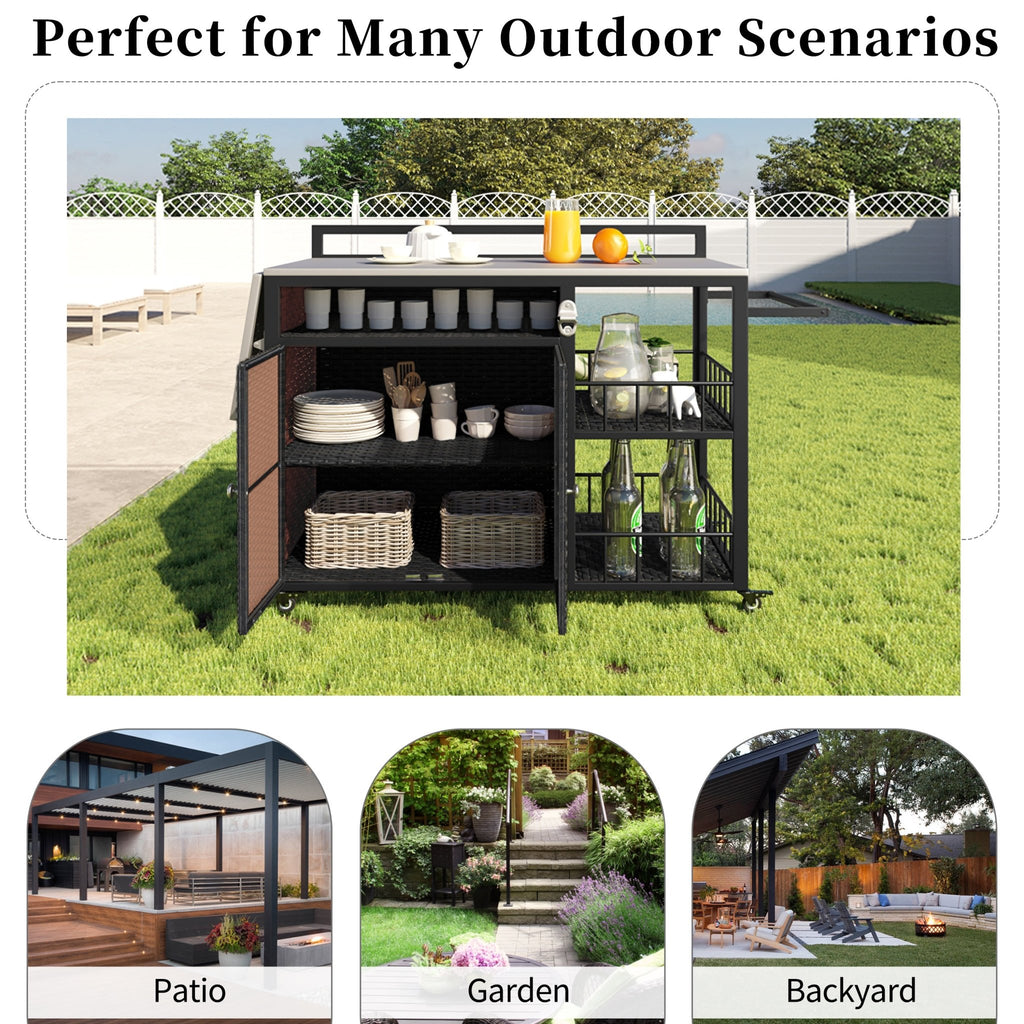 Outdoor kitchen island with storage and folding tabletop in dark brown PE rattan from Anthony & Home's premium collection