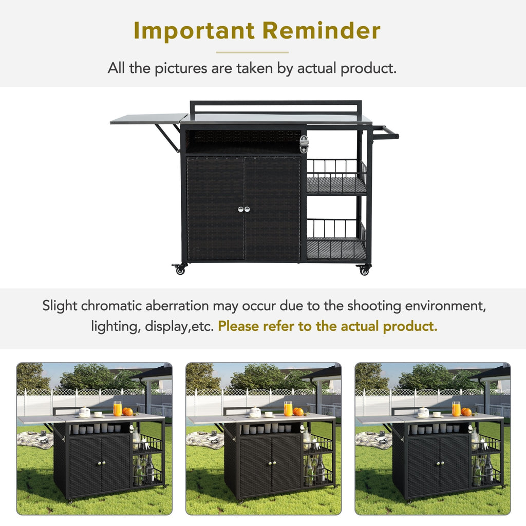 Outdoor kitchen island with storage and folding tabletop in dark brown PE rattan from Anthony & Home’s premium collection.