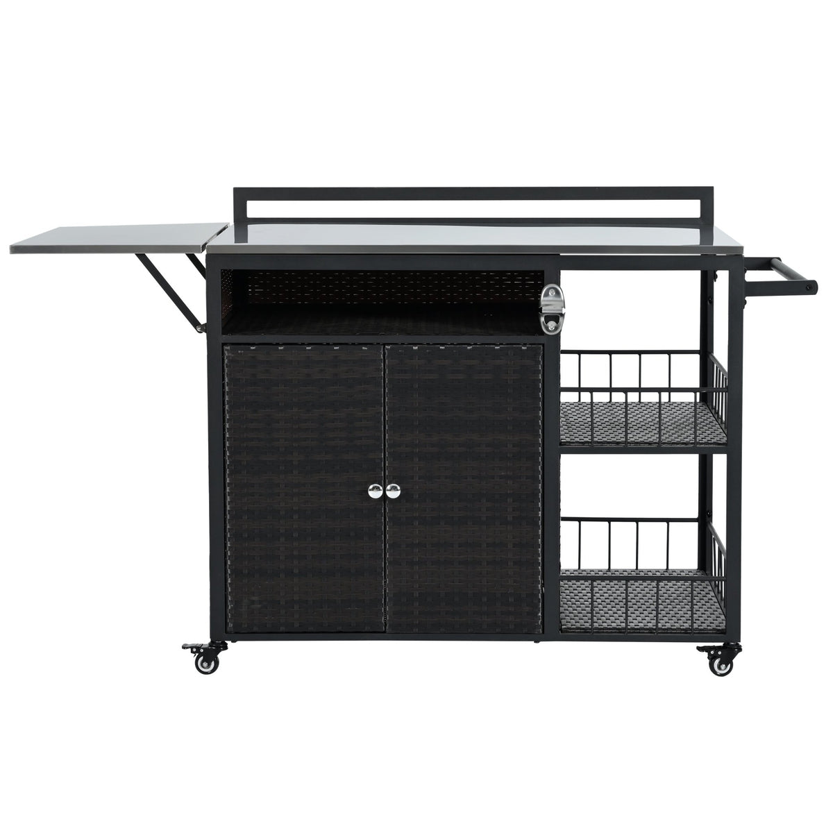 Outdoor kitchen island with storage and folding tabletop in dark brown PE rattan from Anthony & Home Premium Collection.
