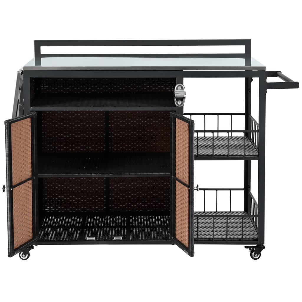 Anthony & Home outdoor kitchen island with dark brown PE rattan, storage, and folding tabletop for outdoor cooking and entertaining.