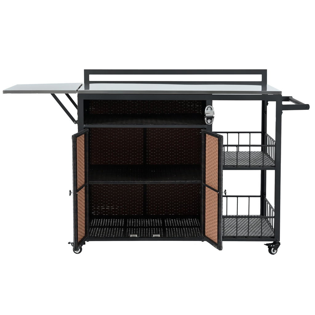 Anthony & Home outdoor kitchen island with storage and folding tabletop, dark brown PE rattan, premium collection, suitable for outdoor dining.