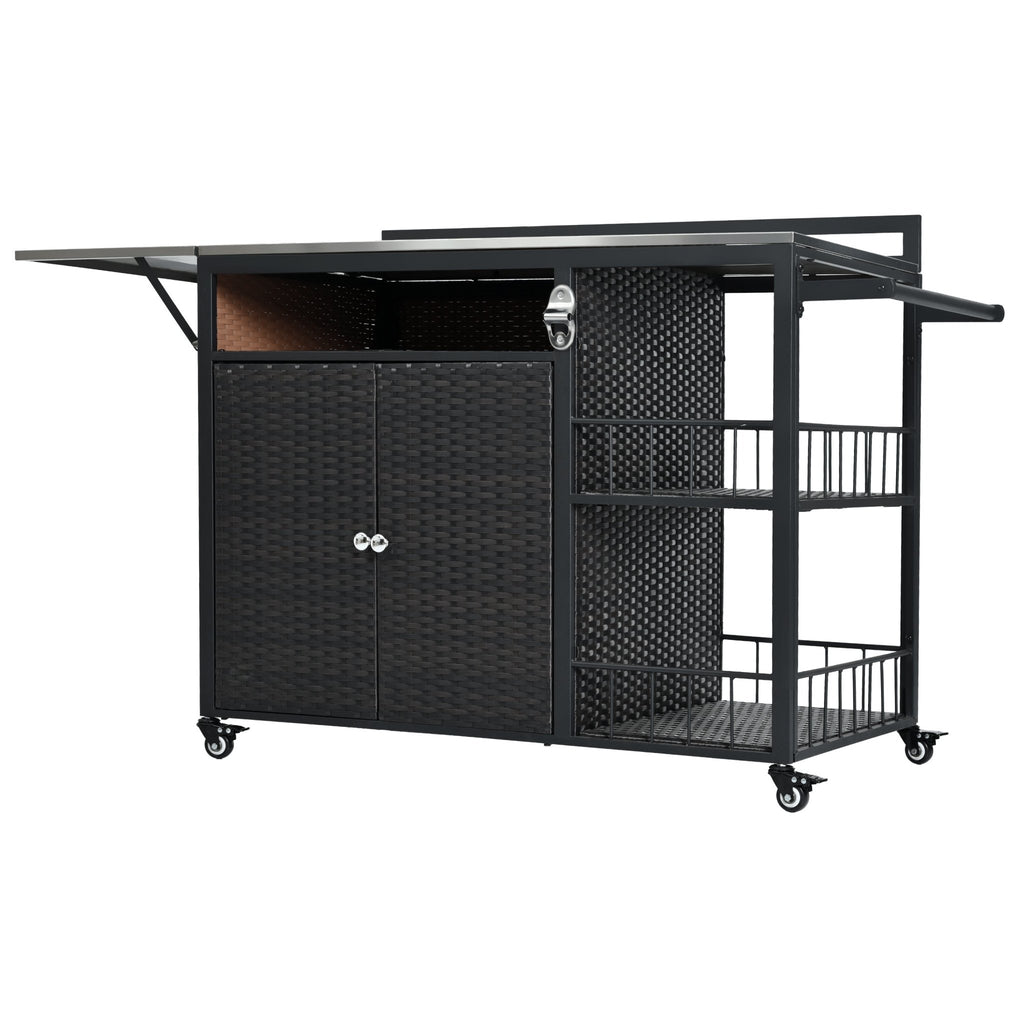 Outdoor kitchen island with storage and folding tabletop in dark brown PE rattan, from Anthony & Home Premium Collection