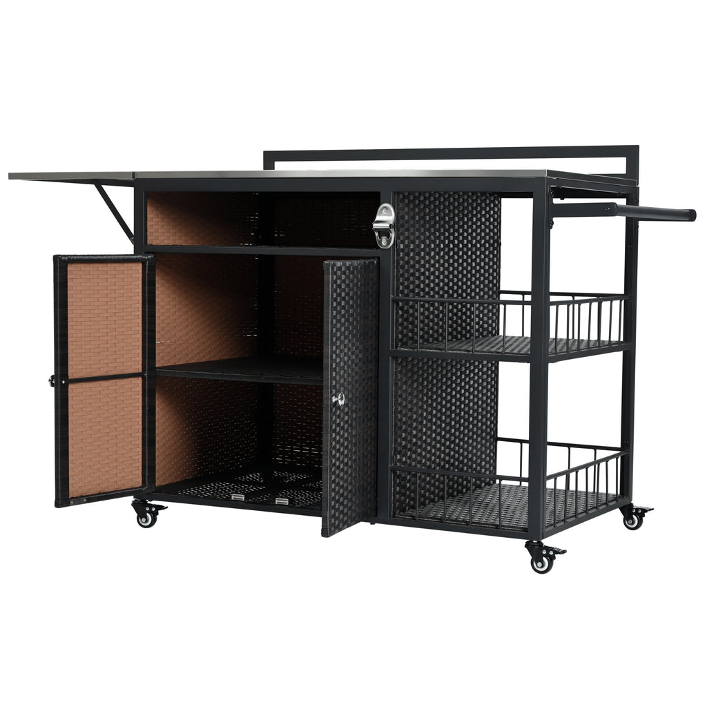 Outdoor kitchen island with storage and folding tabletop in dark brown PE rattan from Anthony & Home's Premium Collection.