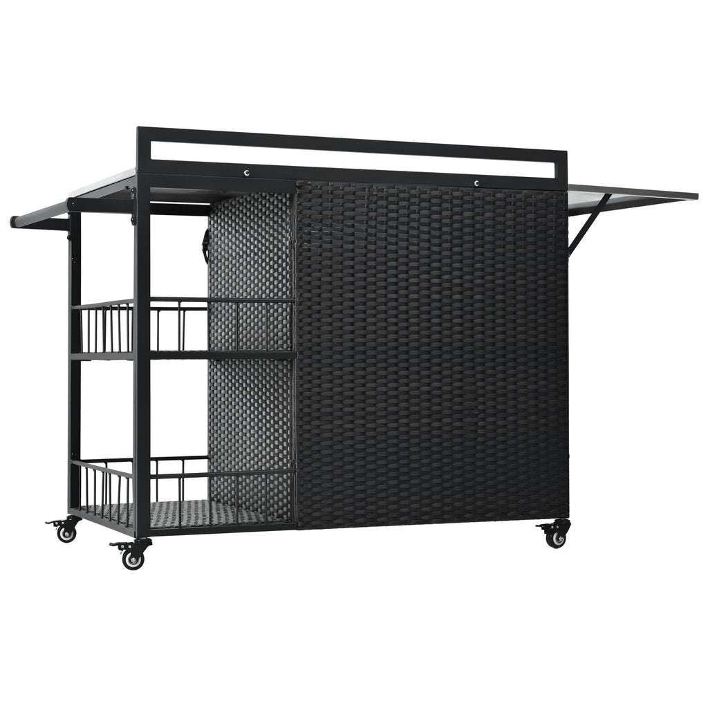 Dark brown PE rattan outdoor kitchen island with storage and folding tabletop from Anthony & Home Premium Collection.