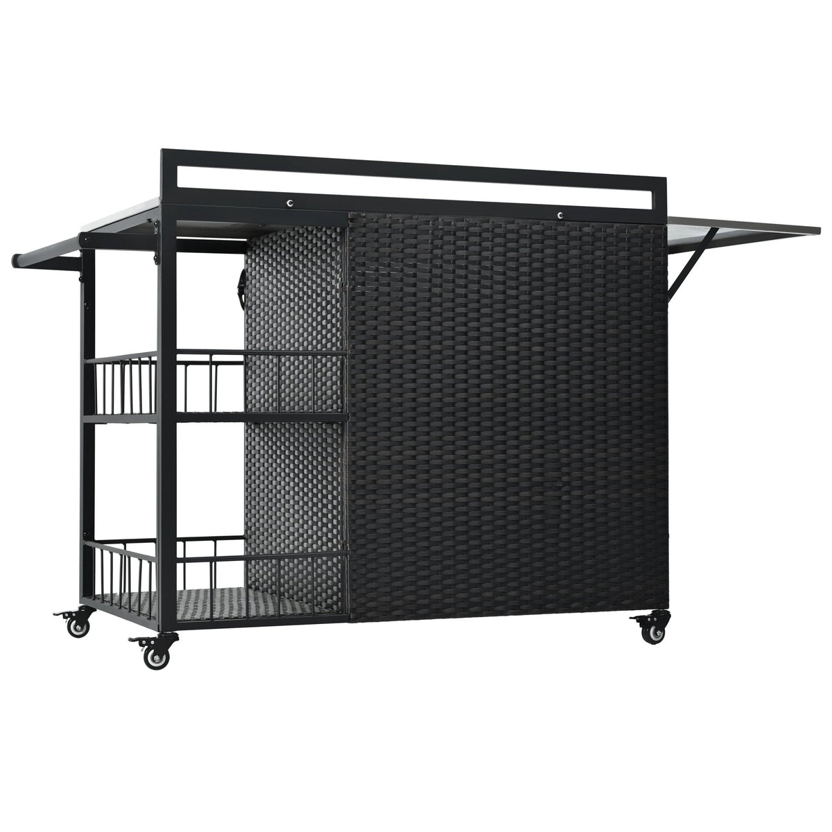 Dark brown PE rattan outdoor kitchen island with storage and folding tabletop from Anthony & Home Premium Collection.