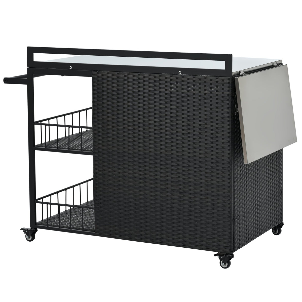 Outdoor kitchen island with storage and folding tabletop in dark brown PE rattan from Anthony & Home Premium Collection