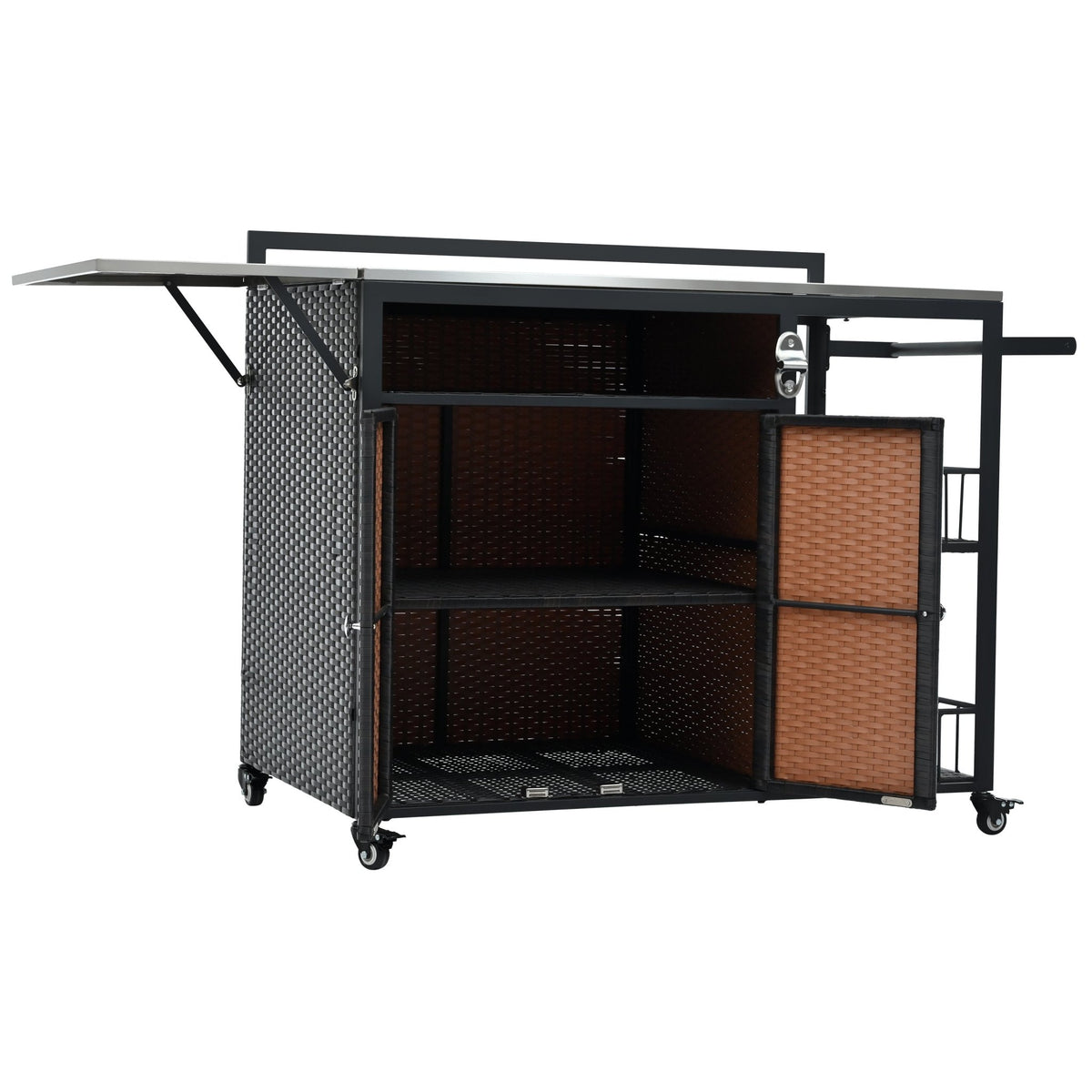 Dark brown PE rattan outdoor kitchen island with storage and folding tabletop from Anthony & Home's premium collection.