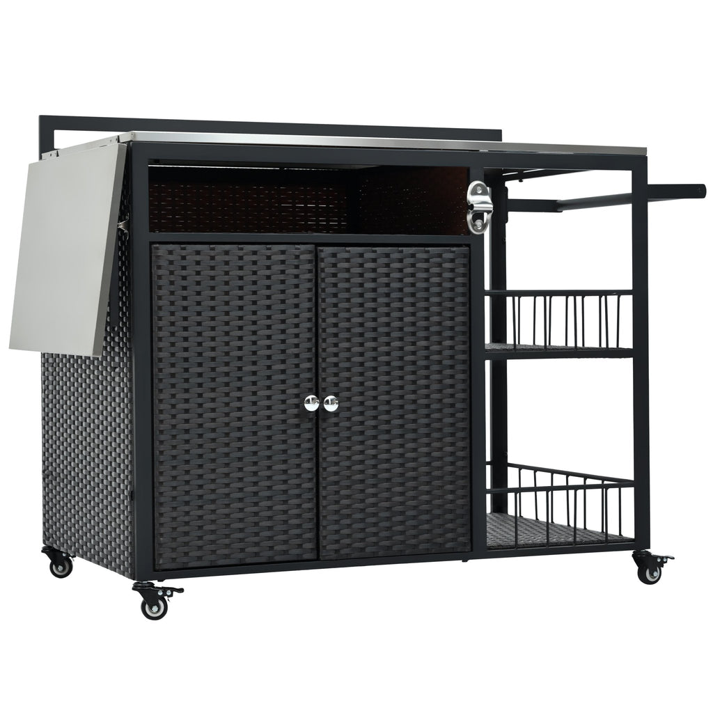 Outdoor kitchen island with storage and folding tabletop in dark brown PE rattan from Anthony & Home's premium collection