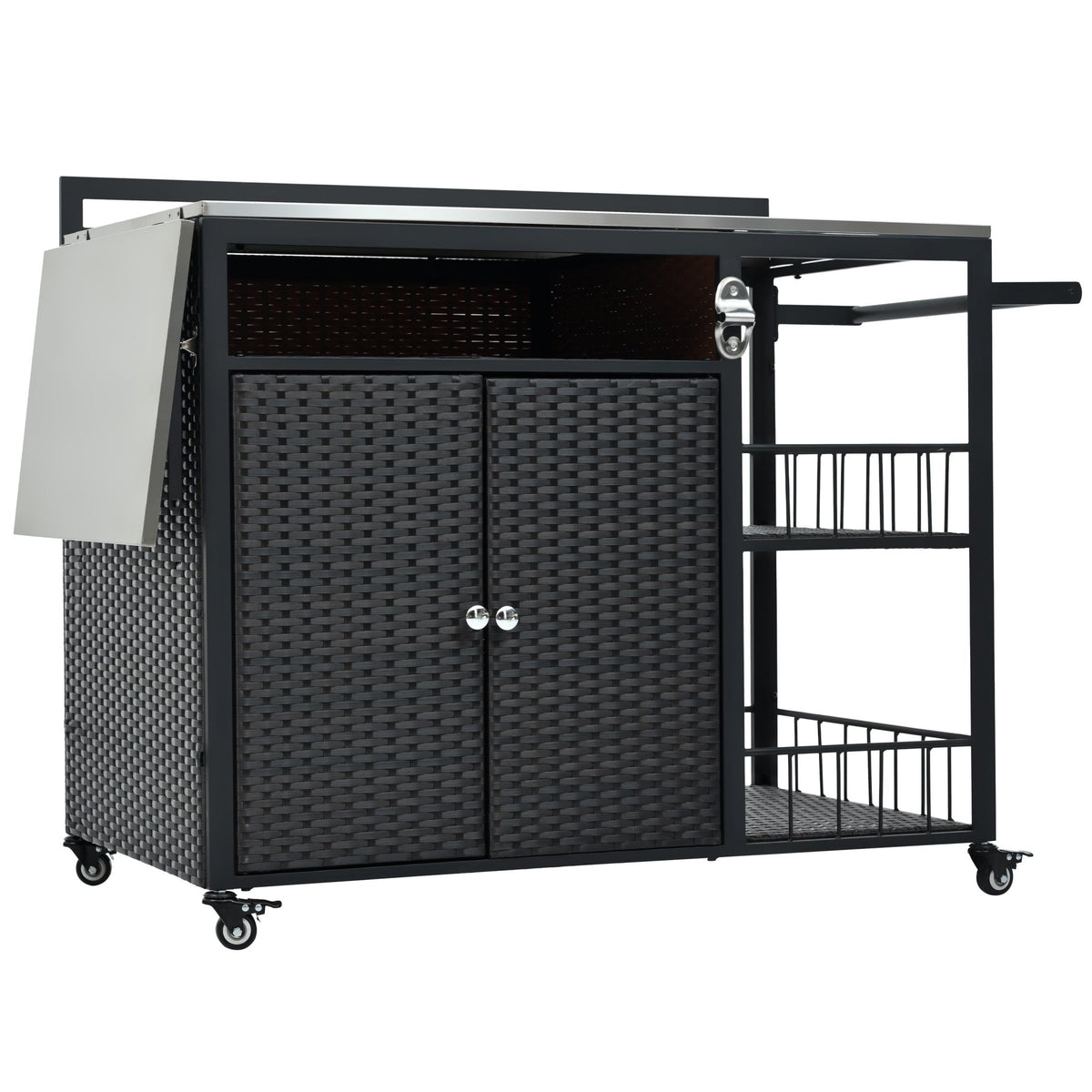 Outdoor kitchen island with storage and folding tabletop in dark brown PE rattan from Anthony & Home's premium collection
