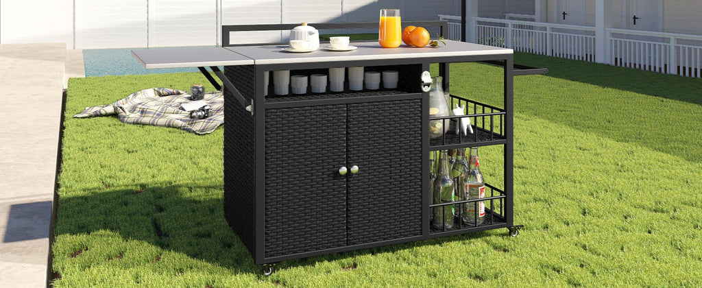 Dark brown PE rattan outdoor kitchen island with storage and folding tabletop from Anthony & Home Premium Collection.