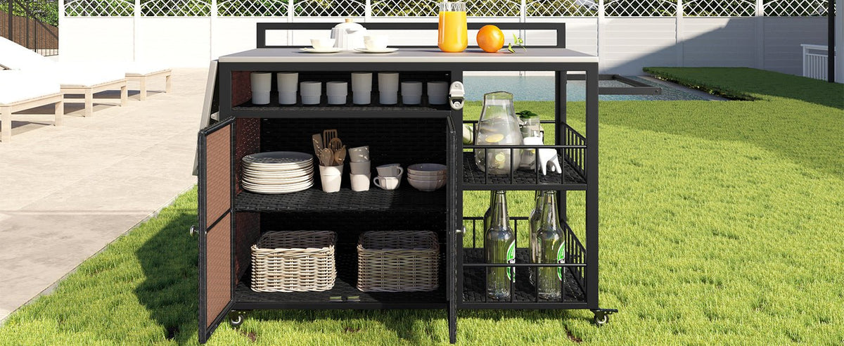 Dark brown PE rattan outdoor kitchen island with storage and folding tabletop, part of Anthony & Home’s premium collection.