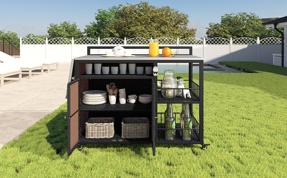 Outdoor kitchen island with storage and folding tabletop in dark brown PE rattan from Anthony & Home Premium Collection