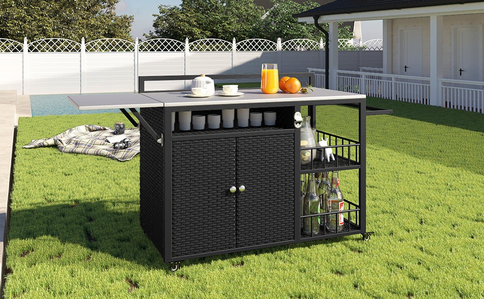 Outdoor kitchen island with storage and folding tabletop in dark brown PE rattan, from Anthony & Home Premium Collection.