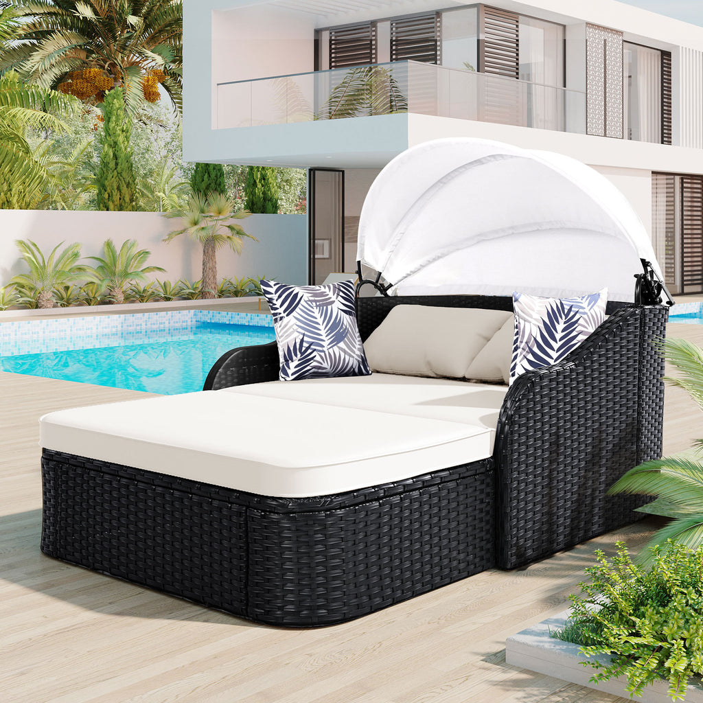 Anthony & Home outdoor sunbed with adjustable canopy, PE rattan frame, and comfortable cushions for garden relaxation.