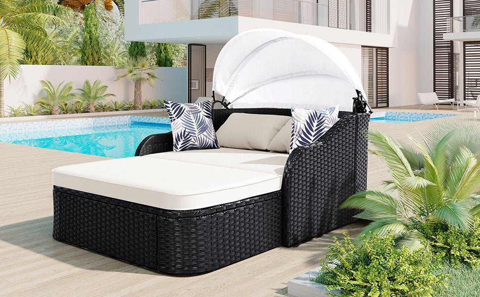 Outdoor sunbed with adjustable canopy and PE rattan frame by Anthony & Home, featuring a comfortable, stylish design.