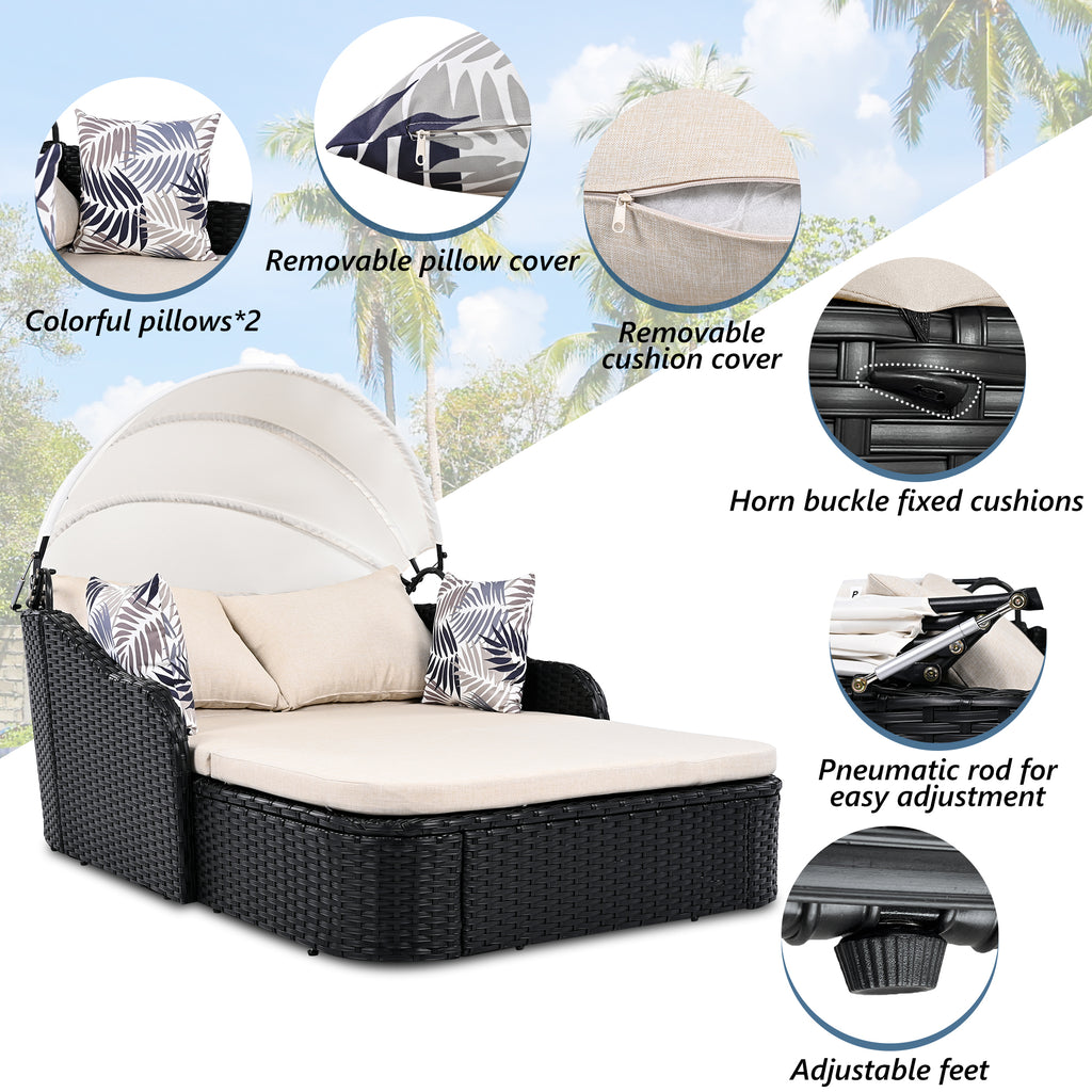 Outdoor sunbed with adjustable canopy and PE rattan, by Anthony & Home, featuring a modern design for outdoor relaxation.