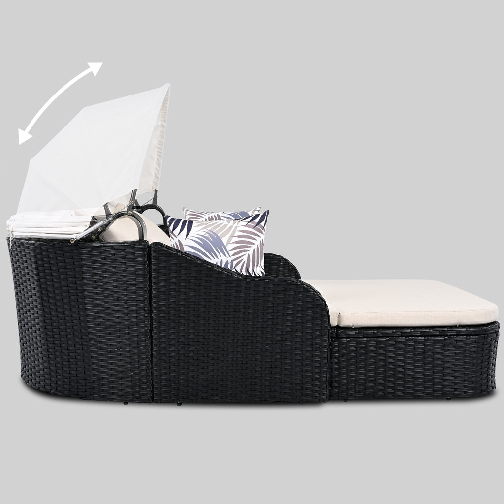 Anthony & Home outdoor sunbed with adjustable canopy, PE rattan lounge chair with cushioning for outdoor relaxation.