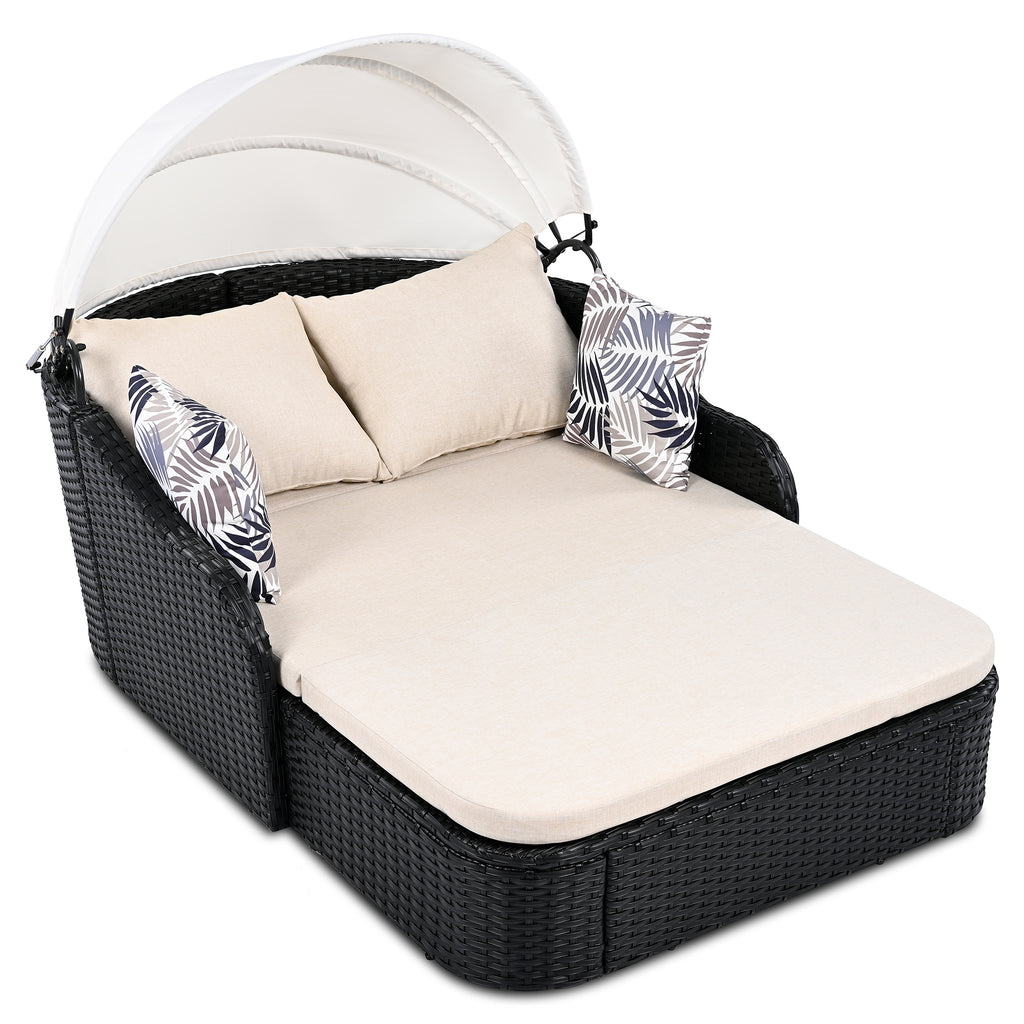 Anthony & Home outdoor sunbed with adjustable canopy, PE rattan frame and cushioned seating for relaxing outdoor lounging.