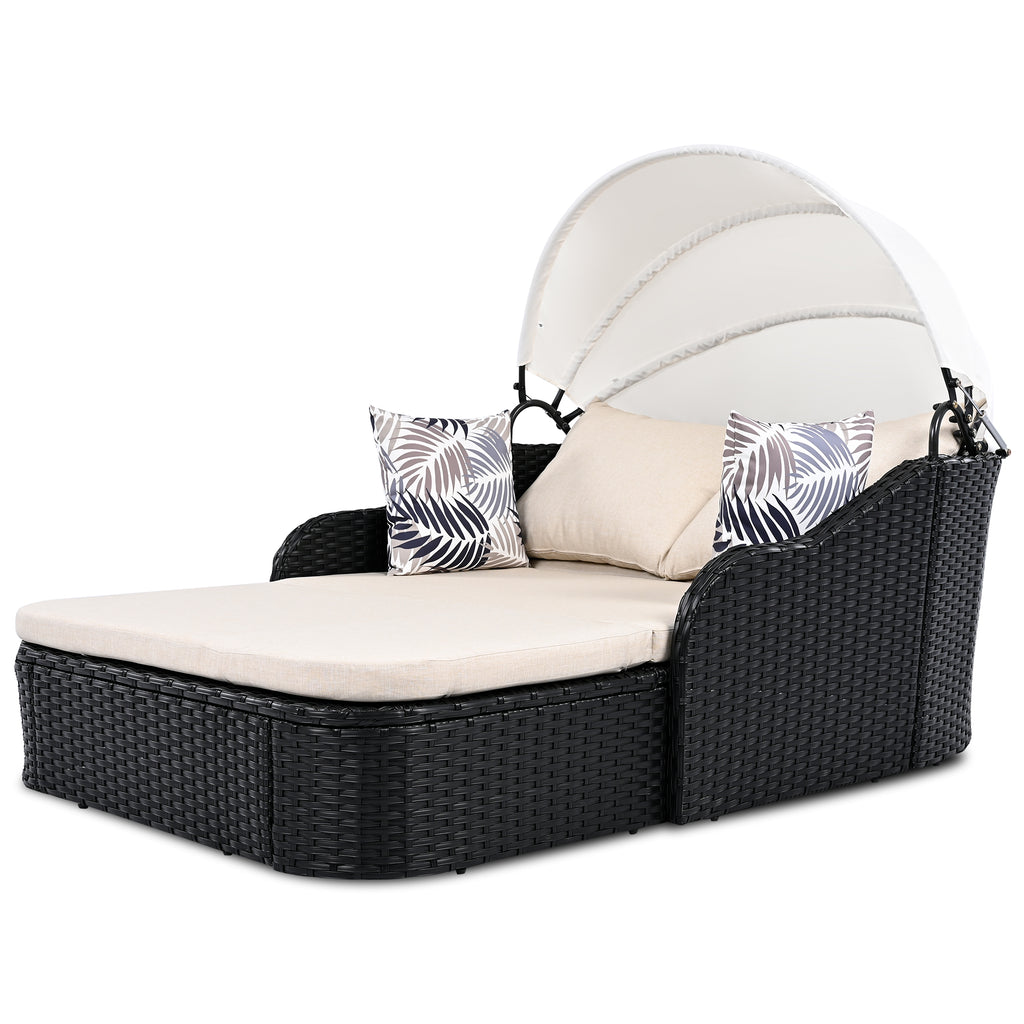 Outdoor sunbed with adjustable canopy made of PE rattan by Anthony & Home, featuring a stylish design and comfortable seating.