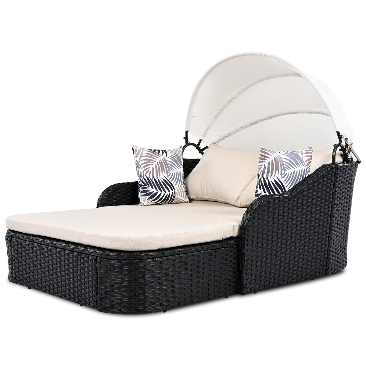 Outdoor sunbed with adjustable canopy made of PE rattan by Anthony & Home, featuring a stylish design and comfortable seating.