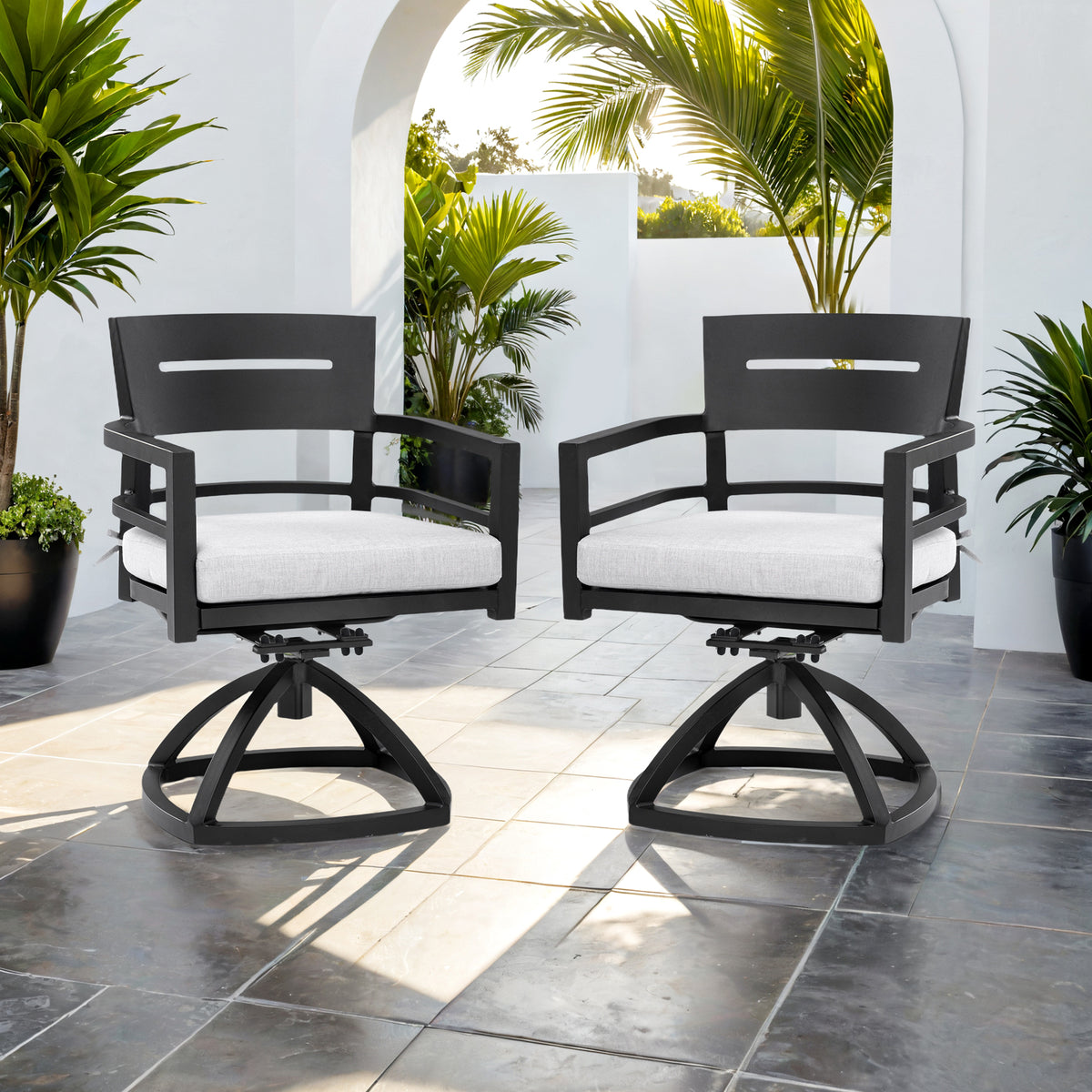 Outdoor swivel rocker set with Sunbrella cushions by Anthony & Home, featuring comfortable, stylish outdoor seating with durable fabric.