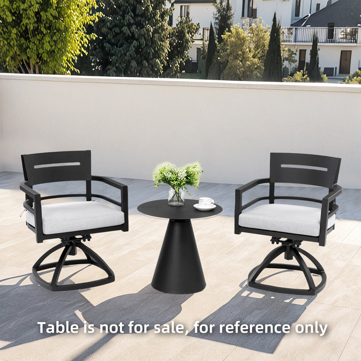 Anthony & Home outdoor swivel rocker set with Sunbrella cushions, featuring comfortable chairs and a sturdy metal frame.