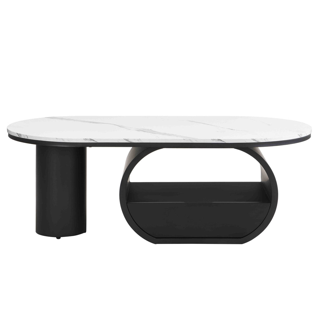 Oval coffee table with faux marble top and black metal frame, modern studio design by Anthony & Home.