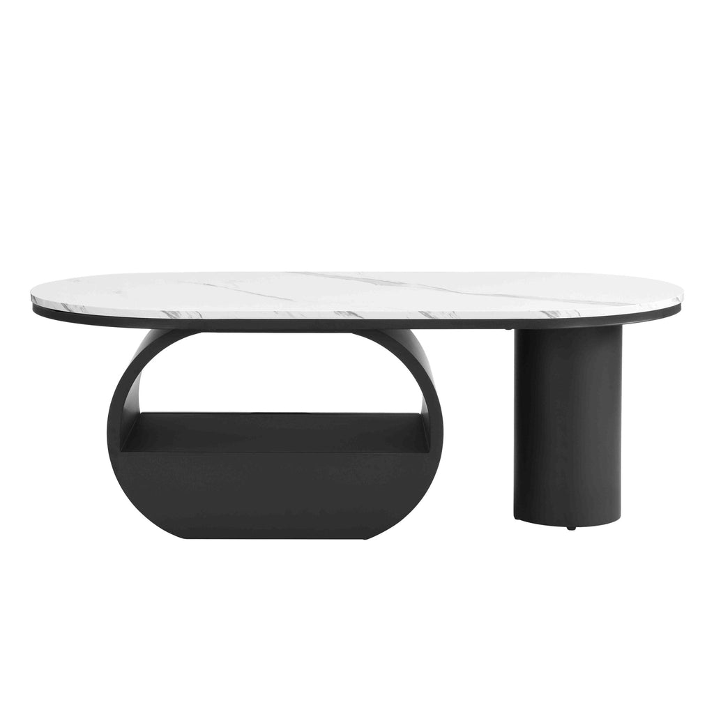 Oval coffee table with faux marble top and black metal frame, modern studio style by Anthony & Home