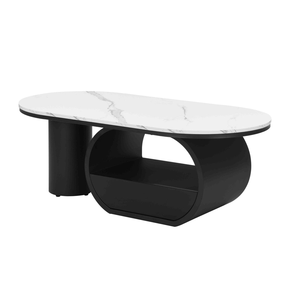 Oval coffee table with faux marble top and black metal frame, modern studio design by Anthony & Home.