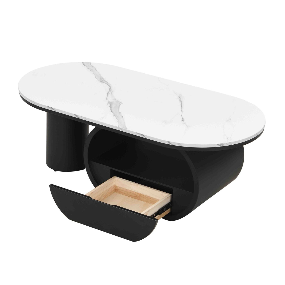Oval coffee table with faux marble top and black metal frame, modern studio style by Anthony & Home