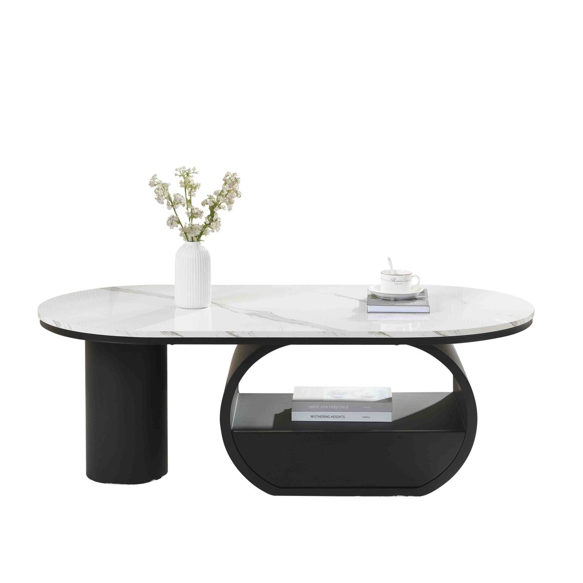 Oval coffee table with faux marble top and black metal frame, modern studio style from Anthony & Home.