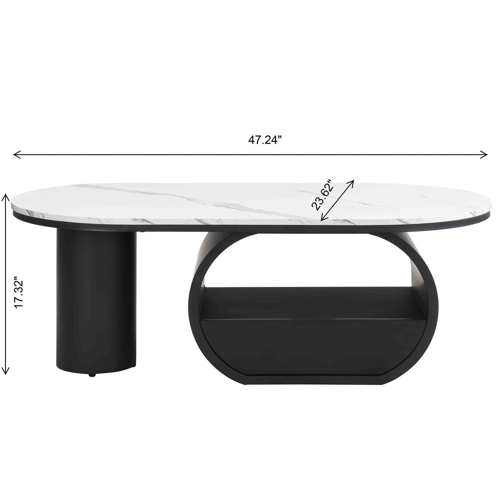 Oval coffee table with faux marble top and black metal frame, modern studio design by Anthony & Home