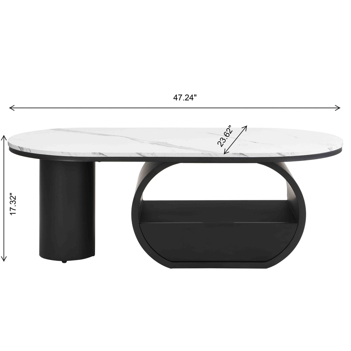 Oval coffee table with faux marble top and black metal frame, modern studio design by Anthony & Home