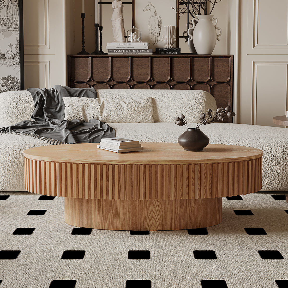 Oval coffee table with storage, crafted from solid wood veneer, from Anthony & Home Atelier collection.