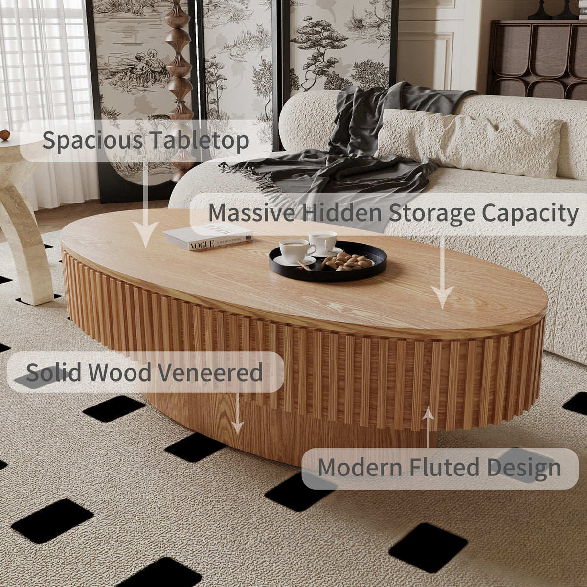 Oval coffee table with storage, crafted from solid wood veneer by Anthony & Home, featuring a sleek design and natural wood finish.