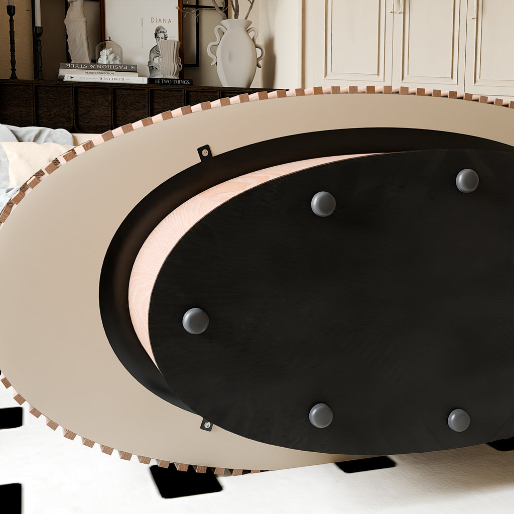 Oval coffee table with storage in solid wood veneer from Anthony & Home's Atelier collection, featuring a sleek, modern design.