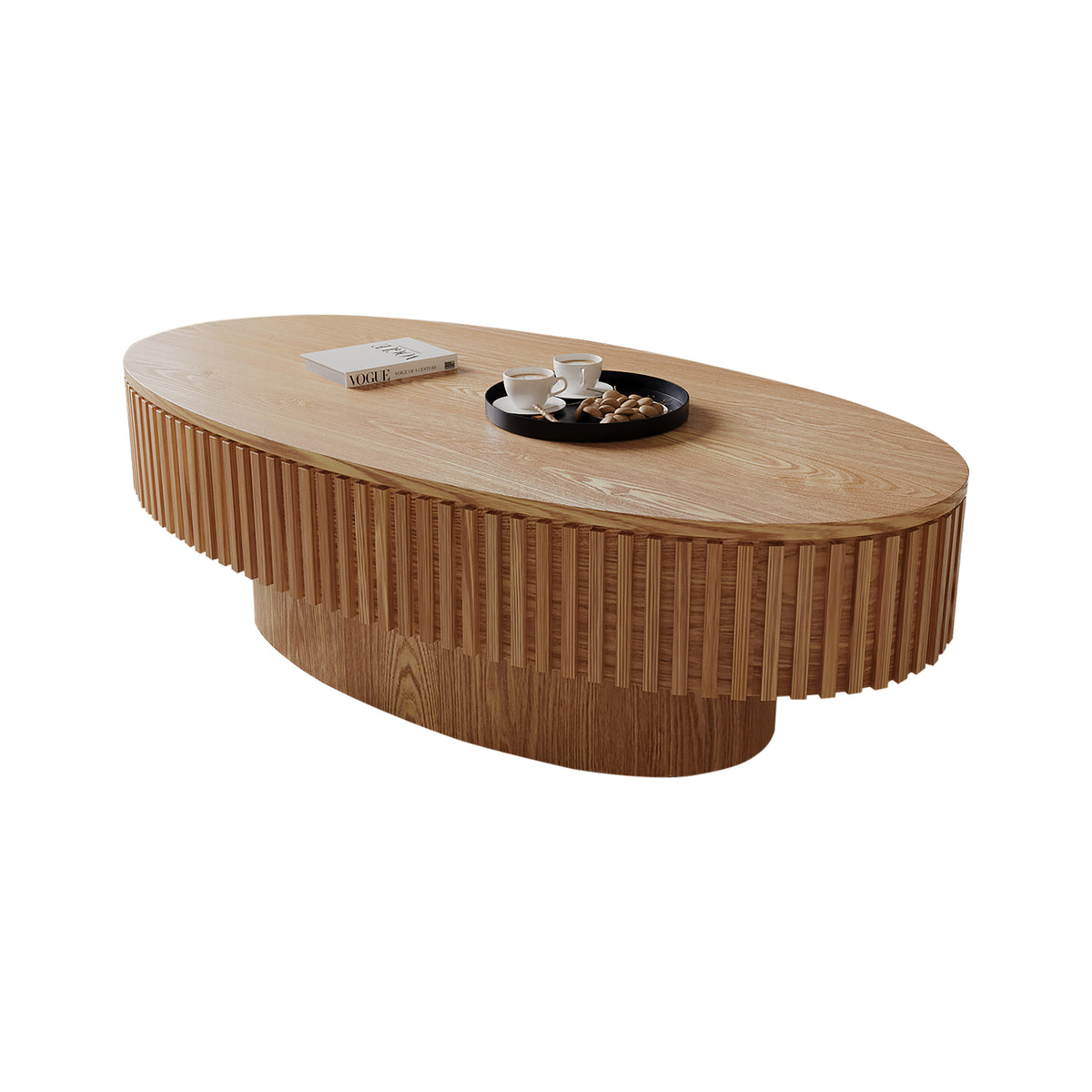 Anthony & Home oval coffee table with storage, solid wood veneer, modern design, featuring a sleek oval shape and functional storage space.