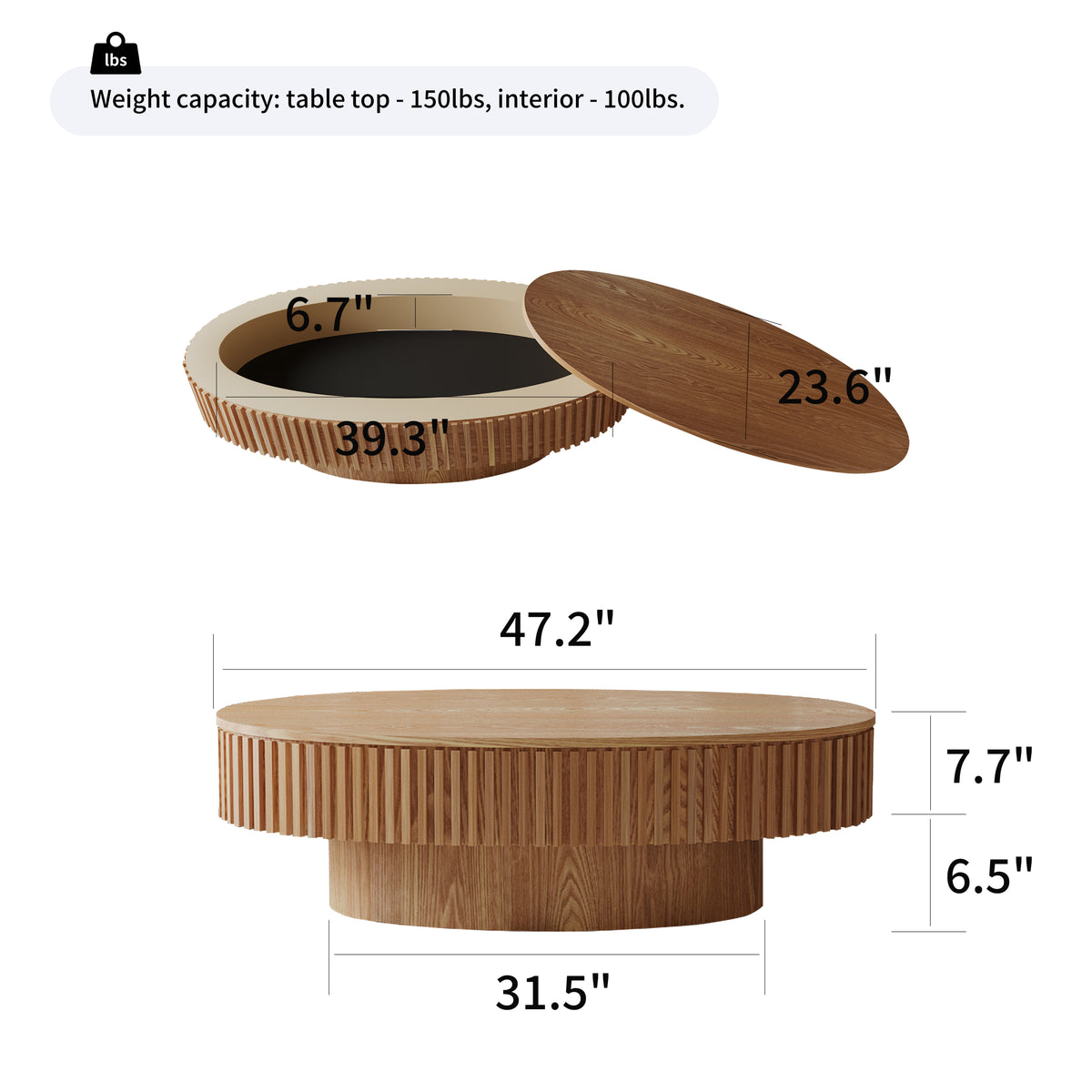 Oval coffee table with storage, made of solid wood veneer, from Anthony & Home's Atelier collection.