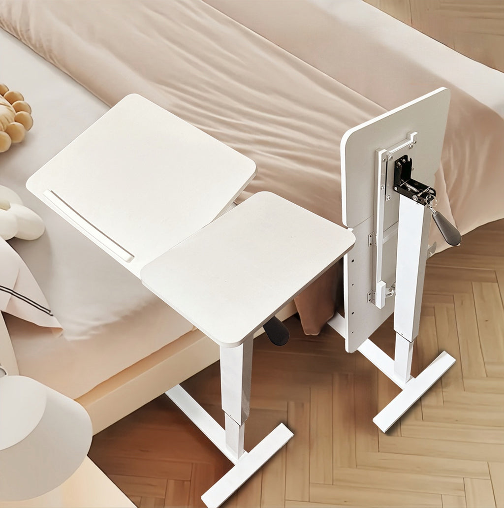 Modern white MDF and metal overbed bedside desk from Anthony & Home Atelier Edition, featuring sleek design and functional surface.