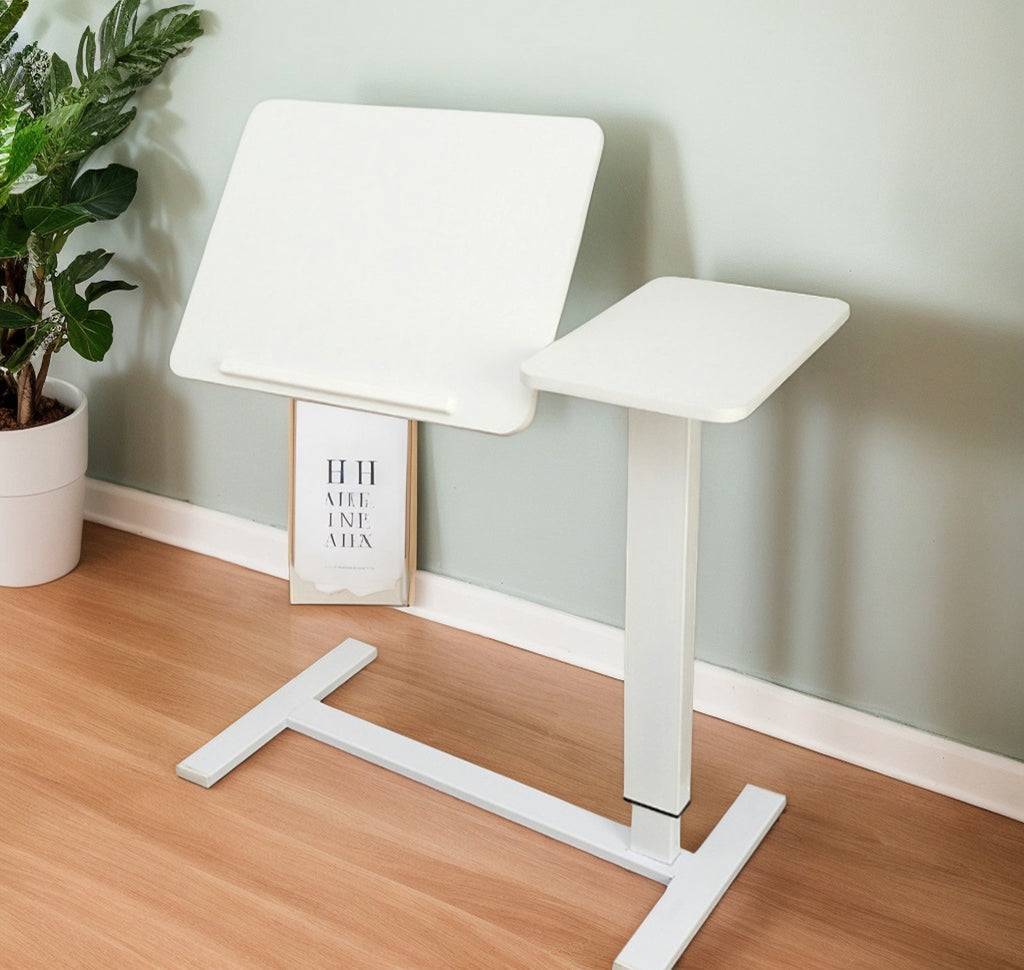White MDF and metal overbed bedside desk from Anthony & Home Atelier Edition, featuring a modern, luxurious design.