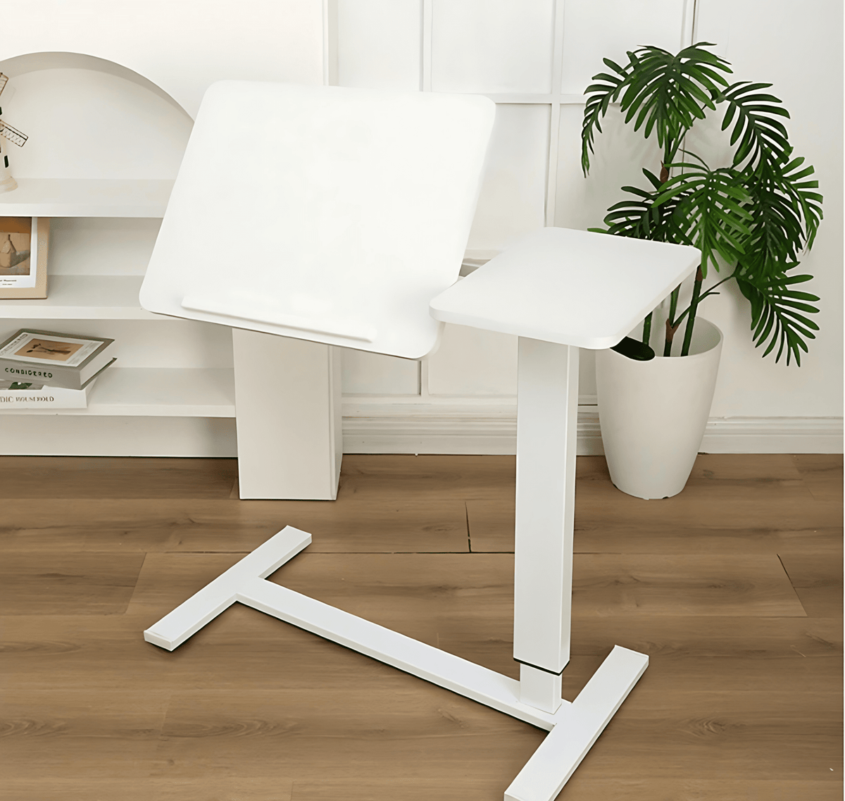 White MDF and metal overbed bedside desk from Anthony & Home's Atelier Edition, modern and luxurious for convenient bedside use.