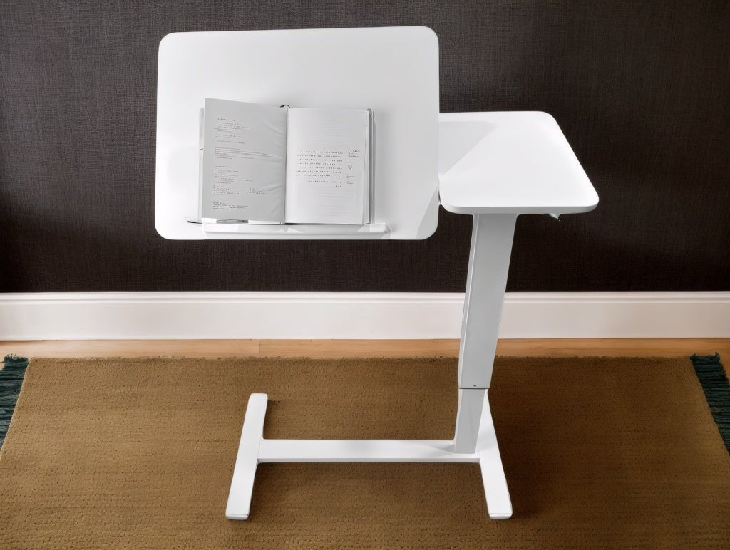 White MDF and metal overbed bedside desk from Anthony & Home's Atelier Edition, modern luxury design with sleek, functional style.