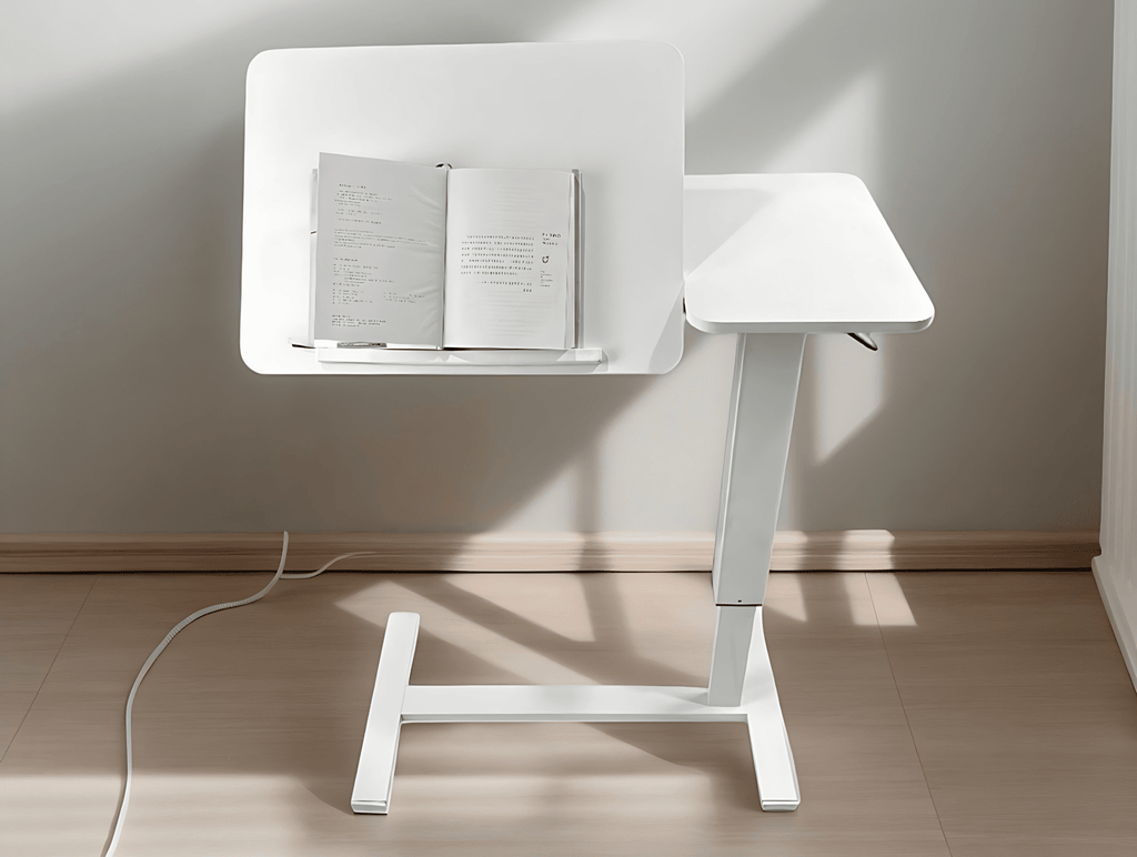 White MDF and metal overbed bedside desk by Anthony & Home, sleek modern design, Atelier Edition, perfect for bedside convenience
