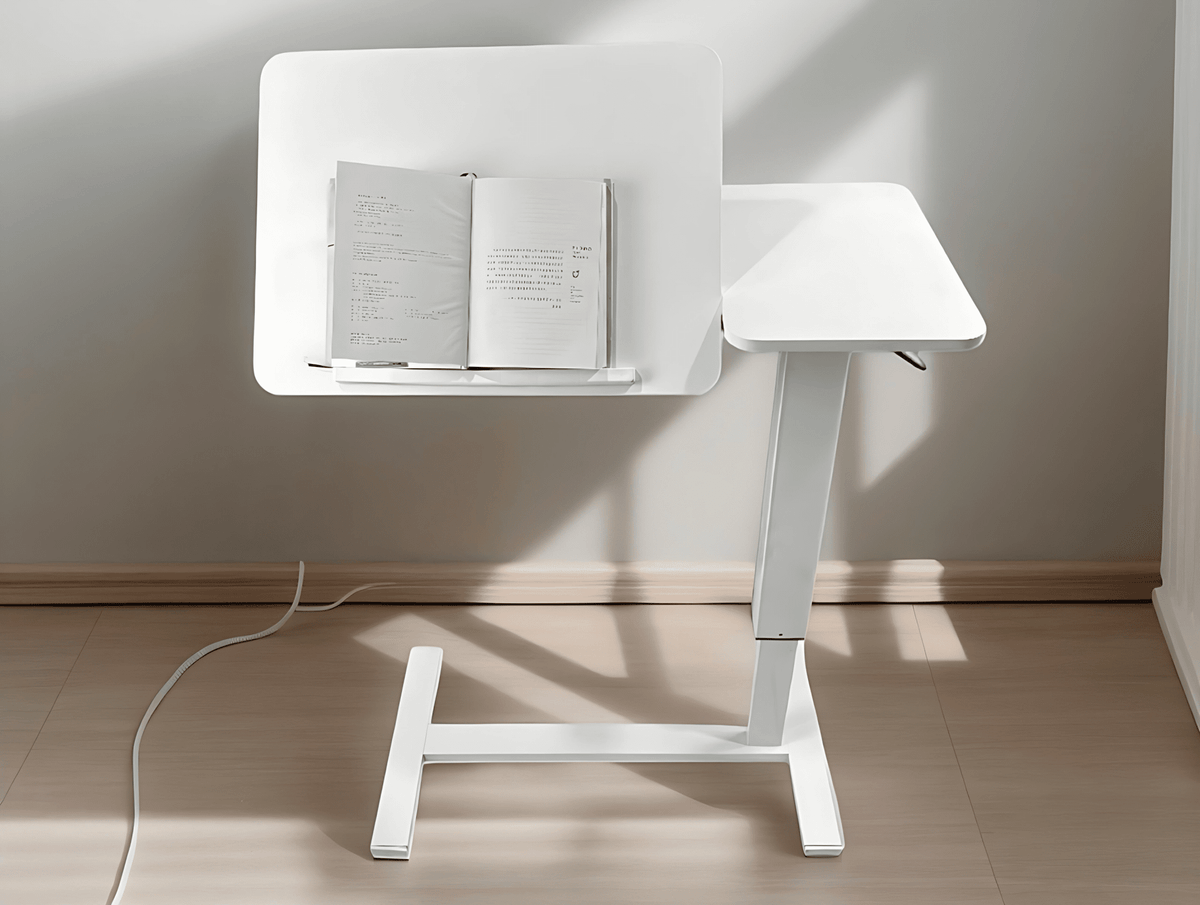 White MDF and metal overbed bedside desk by Anthony & Home, sleek modern design, Atelier Edition, perfect for bedside convenience
