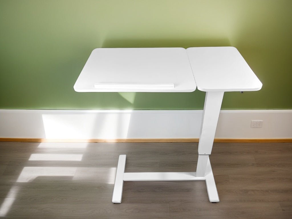 White MDF and metal overbed bedside desk from Anthony & Home's Atelier Edition, featuring a modern luxury design.