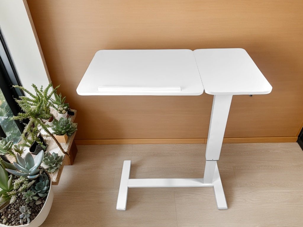 White MDF and metal overbed bedside desk from Anthony & Home's Atelier Edition, modern and stylish for bedroom convenience.