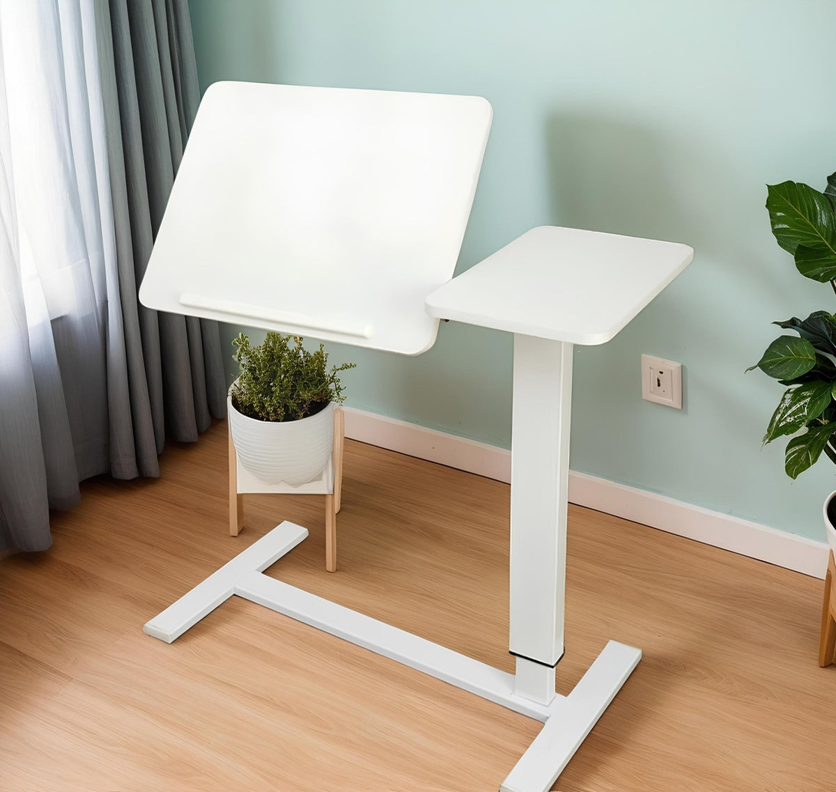 White MDF and metal overbed bedside desk from Anthony & Home's Atelier Edition, in a modern, luxurious design.